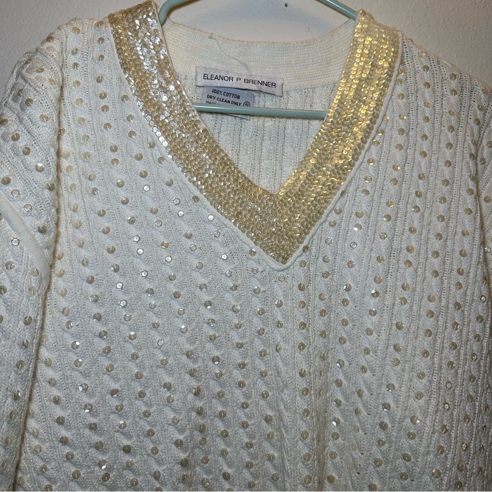 Eleanor P Brenner Vintage Gold Trim White Sweater Size Small - Picture 2 of 10